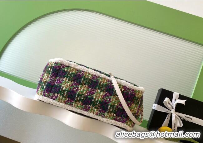 Well Crafted Chanel Tweed & Shearling Shopping Bag AS5689 Green/Purple 2025