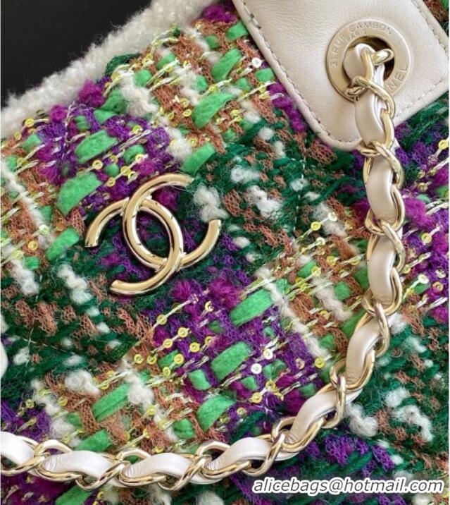 Well Crafted Chanel Tweed & Shearling Shopping Bag AS5689 Green/Purple 2025