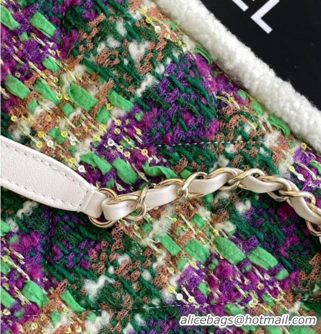 Well Crafted Chanel Tweed & Shearling Shopping Bag AS5689 Green/Purple 2025