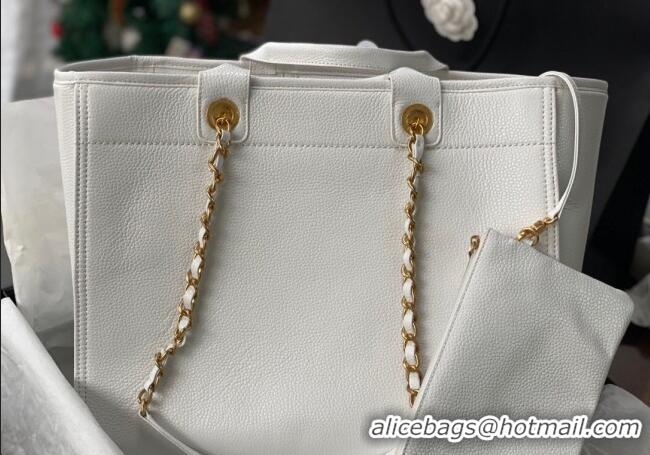 New Cheap Chanel Deauville Grained Calfskin Medium Shopping Bag A66941 White 2025