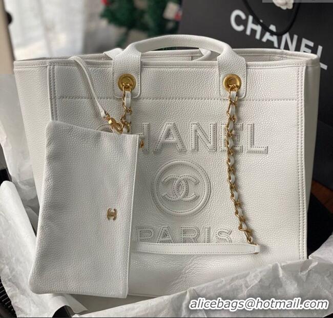 New Cheap Chanel Deauville Grained Calfskin Medium Shopping Bag A66941 White 2025