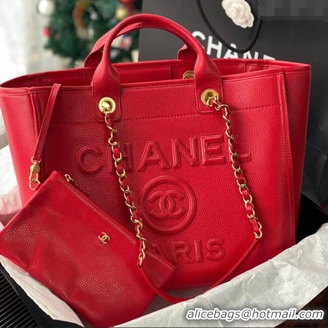 Luxury Cheap Chanel Deauville Grained Calfskin Medium Shopping Bag A66941 Red 2025