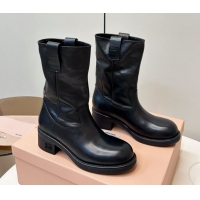 Pretty Style Miu Miu Leather Ankle Boots with Logo Strap Black MM102402 51024115