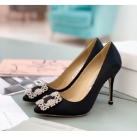 ​High Quality Manolo Blahnik Hangisi Satin Pumps 7cm with Silver Buckle 1225019 Black
