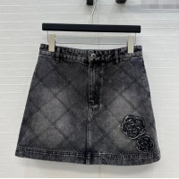 Super Quality Chanel Denim Skirt with Camellia 0704 Black 2025