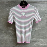Super Quality Chanel Cashmere Blend Striped Knit Top 0729 Pink 2025