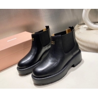 Discount Miu Miu Calf Leather Platform Ankle Boots Black 1024127
