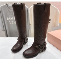Cheap Price Miu Miu Embossed Leather Flat High Boots with Buckle Brown MM102404 1024132 2025