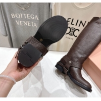 Cheap Price Miu Miu Embossed Leather Flat High Boots with Buckle Brown MM102404 1024132 2025