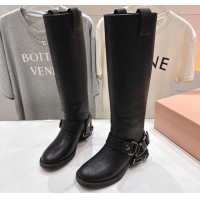 Top Design Miu Miu Embossed Leather Flat High Boots with Buckle Black MM102404 1024133 2025
