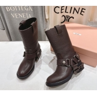 Charming Miu Miu Embossed Leather Flat Ankle Boots with Buckle Brown MM102404 1024134 2025