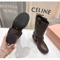 Charming Miu Miu Embossed Leather Flat Ankle Boots with Buckle Brown MM102404 1024134 2025