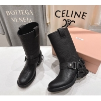 Good Product Miu Miu Embossed Leather Flat Ankle Boots with Buckle Black MM102404 1024135 2025