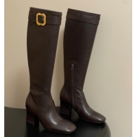 Good Product Miu Miu Nappa Leather Heel High Boots 6.5cm with Buckle Dark Brown 5W548E 1024143 2025