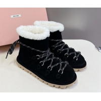 Stylish Miu Miu Suede and Wool Laced-up Flat Ankle Boots Black MM102407 1024146 2025