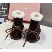 Charming Miu Miu Suede and Wool Laced-up Flat Ankle Boots Dark Brown MM102407 1024147 2025