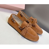 Stylish Miu Miu Tassel and Beads Loafers in Suede Leather Brown 5D518E 1025008 2025