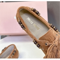 Stylish Miu Miu Tassel and Beads Loafers in Suede Leather Brown 5D518E 1025008 2025