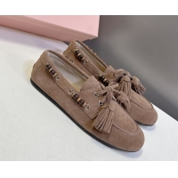 Best Grade Miu Miu Tassel and Beads Loafers in Suede Leather Beige 5D518E 1025009 2025
