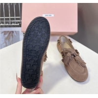 Best Grade Miu Miu Tassel and Beads Loafers in Suede Leather Beige 5D518E 1025009 2025