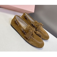 Lower Price Miu Miu Tassel and Beads Loafers in Suede Leather Olive Green 5D518E 1025010 2025
