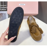 Lower Price Miu Miu Tassel and Beads Loafers in Suede Leather Olive Green 5D518E 1025010 2025