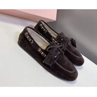 Discount Miu Miu Tassel and Beads Loafers in Suede Leather Dark Brown 5D518E 1025011 2025