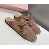 Unique Discount Miu Miu Tassel and Beads Mules in Suede Leather Beige 5D518E 1025012 2025