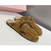 Best Price Miu Miu Tassel and Beads Mules in Suede Leather Olive Green 5D518E 1025013