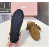 Best Price Miu Miu Tassel and Beads Mules in Suede Leather Olive Green 5D518E 1025013