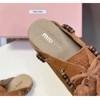 Discount Miu Miu Tassel and Beads Mules in Suede Leather Brown 5D518E 1025014 2025