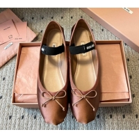 Good Quality Miu Miu Satin Ballerinas Flat with Bow and Elastic Band Brown 5F794D 1025022 2025