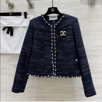 Top Grade Chanel Tweed Jacket with Pearls CH91312 Blue 2025