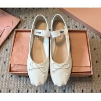 Classic Hot Miu Miu Leather Ballerinas Flat with Bow and Elastic Band 5F794D White 2025
