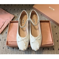 Good Looking Miu Miu Leather Ballerinas Flat with Bow and Strass Band White 5F794D 1025043 2025