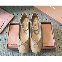 Good Quality Miu Miu Leather Ballerinas Flat with Bow and Strass Band Beige 5F794D 1025044 2025