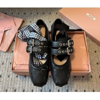 Luxury Cheap Miu Miu Nappa and Calf Leather Ballerinas Flat with Double Buckle and Laces Black 5F466A 1025047 2025