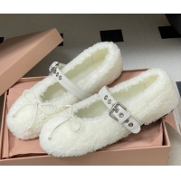Shop Duplicate Miu Miu Shearling Ballerinas Flat with Buckle Strap White 5F272E 1025049 2025