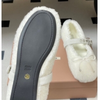 Shop Duplicate Miu Miu Shearling Ballerinas Flat with Buckle Strap White 5F272E 1025049 2025