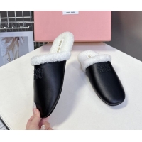 Fashion Miu Miu Leather and Wool Flat Mules Black 2025 MM102502 1025056 2025