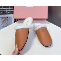 Classic Miu Miu Leather and Wool Flat Mules Brown 2025 MM102502 1025057 2025