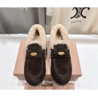 Luxury Miu Miu Suede and Wool Loafers with Coin Dark Brown 5D530E 1025059 2025
