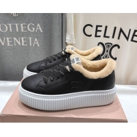 Luxury Miu Miu Leather and Shearling Platform Sneakers Black 5E389E 1025065 2025