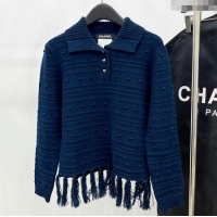 New Cheap Chanel Wool Blend Polo Sweater with Tassel 1015 Blue 2025