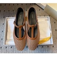 Low Price The Row T-Strap Flat Shoes in Woven Mesh Brown 0604090
