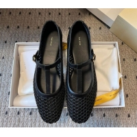 Popular Style The Row T-Strap Flat Shoes in Woven Mesh Black 0604091
