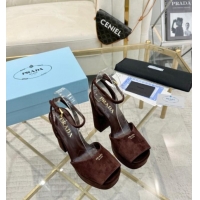 Super Quality Prada Suede Platform Heel Sandals 12cm PR102707 Dark Brown 2025