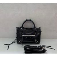 Stylish Cheap Balenciaga Le City Mini Bag in Arena Storico lambskin B9006 Black shiny silver hardware 2025