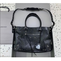 Top Quality Balenciaga Neo Cagole XL Plus Tote Bag in Black Arena lambskin 48091 Black aged-silver hardware 2025