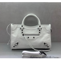 Inexpensive Balenciaga Le City Medium Bag in Arena Storico lambskin 49004 optic white black hardware 2025